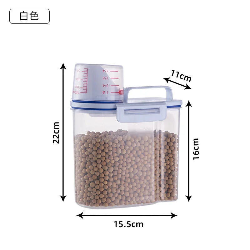 Balde de plástico para armazenamento de comida para cães e gatos, 1.5kg/2kg, com copo medidor, recipiente à prova de umidade, jarra selada, acessórios para animais de estimação