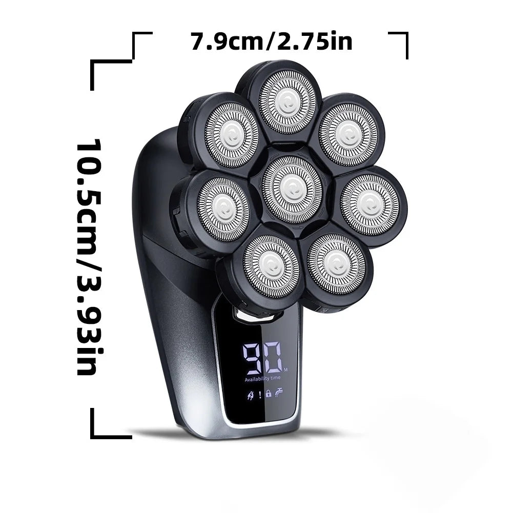 Aparador de Cabelo Elétrico 6 em 1 para Homens Calvos, 7 Lâminas Flutuantes, Recarregável via USB, Display LED, à Prova d'Água