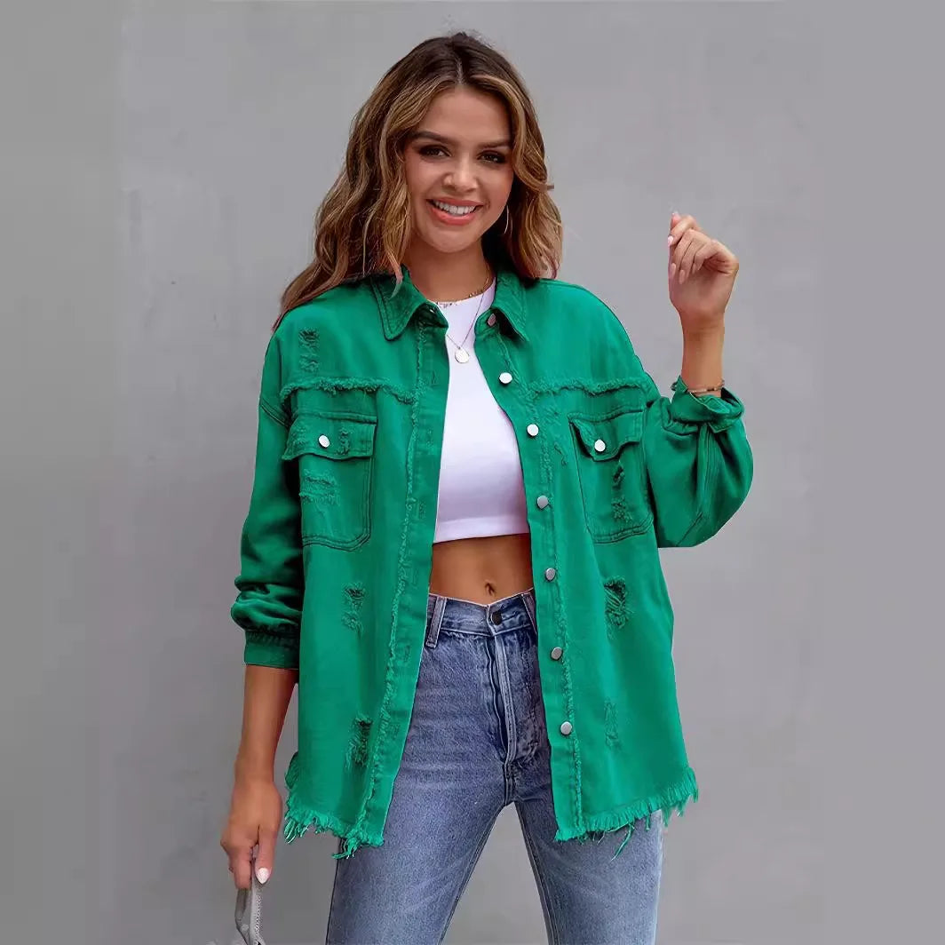 Nova Jaqueta Jeans Feminina de Cor Sólida, Comprimento Médio, com Detalhes Rasgados e Manga Longa