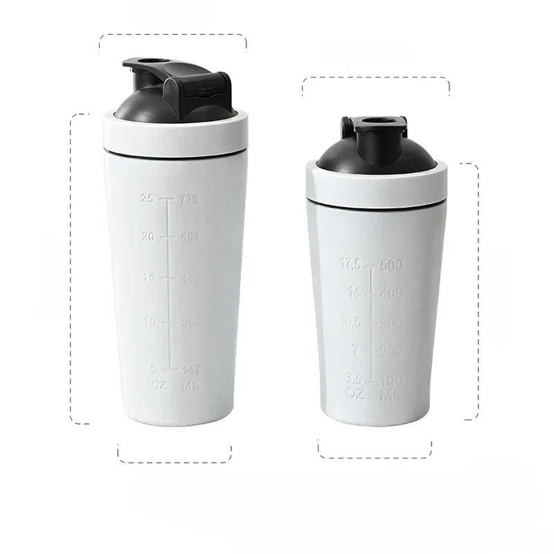 Garrafa agitadora de proteína em pó de aço inoxidável com bola de aço e escala à prova de vazamento ginásio fitness esporte trigo shakes copo