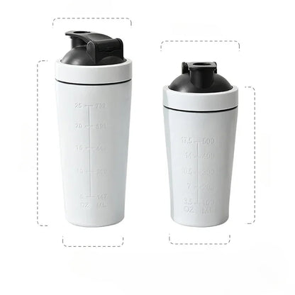 Garrafa agitadora de proteína em pó de aço inoxidável com bola de aço e escala à prova de vazamento ginásio fitness esporte trigo shakes copo