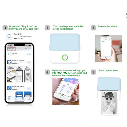 Mini impressora de adesivos, impressora térmica sem tinta de bolso inteligente bluetooth, impressora de recibos portátil para notas de diário de fotos