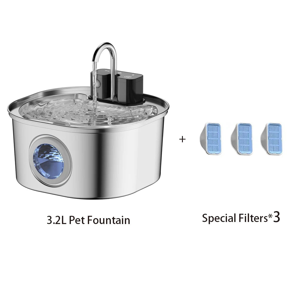 Bebedouro Automático Sem Fio de Aço Inoxidável 3.2L para Pets, Fonte de Água Inteligente para Gatos e Cães com Janela Visual