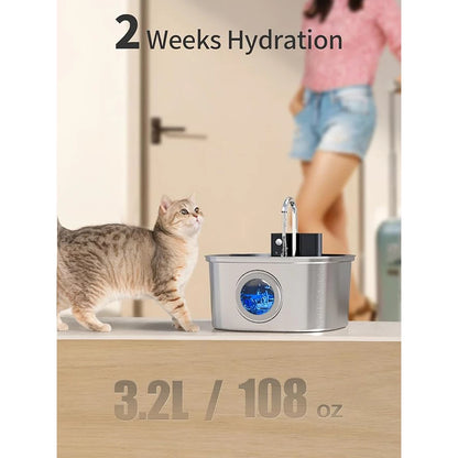 Bebedouro Automático Sem Fio de Aço Inoxidável 3.2L para Pets, Fonte de Água Inteligente para Gatos e Cães com Janela Visual