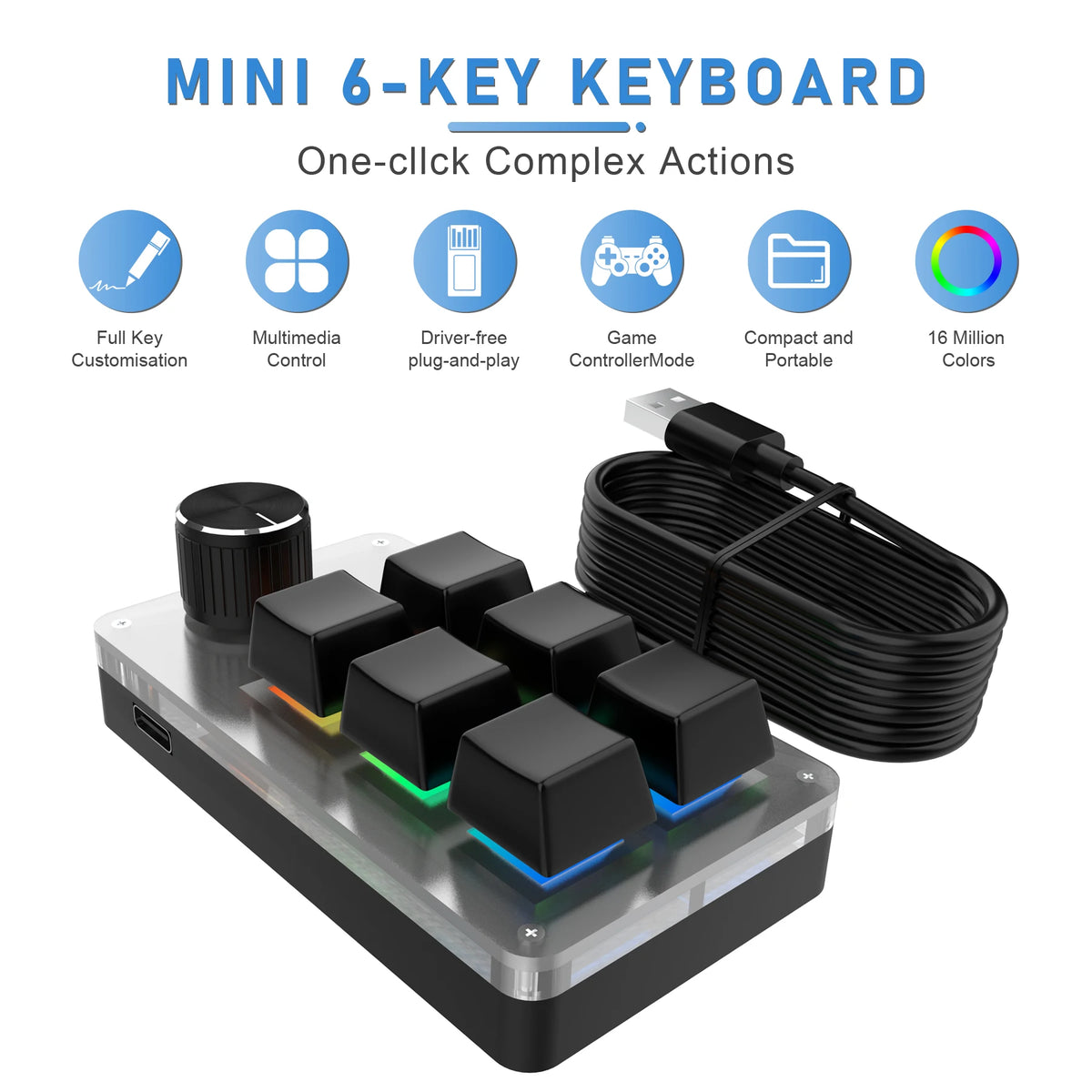 Wired RGB customized keyboard, 6 keys, 1 knob, programmable, macro, gaming keyboard, copy paste, mechanical PS keyboard, hot-swappable, macro keyboard