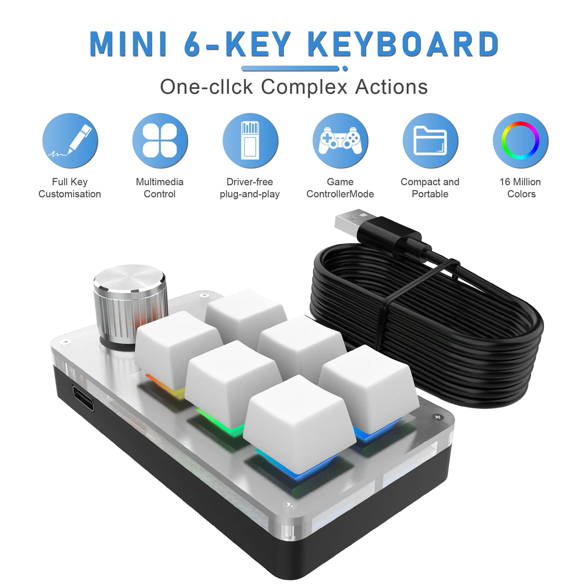 Wired RGB customized keyboard, 6 keys, 1 knob, programmable, macro, gaming keyboard, copy paste, mechanical PS keyboard, hot-swappable, macro keyboard