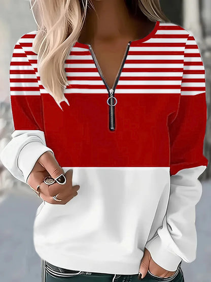 Pulôver feminino com zíper quarto e listras, adequado para street wear, uso diário, estilo casual estampado, gola redonda, manga comprida, s
