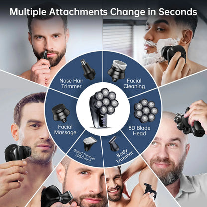 Aparador de Cabelo Elétrico 6 em 1 para Homens Calvos, 7 Lâminas Flutuantes, Recarregável via USB, Display LED, à Prova d'Água