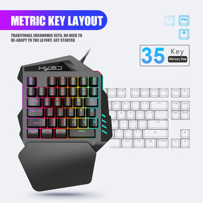 Teclado ergonômico para jogos com uma mão, design compacto de 35 teclas, iluminação RGB, alimentado por USB, teclas de filme fino para jogos aprimorados