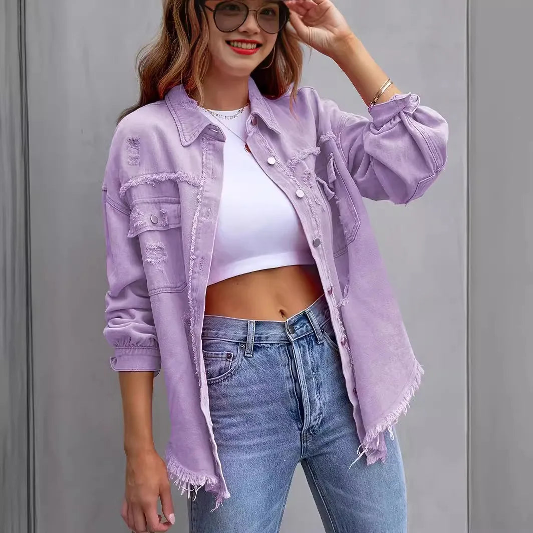 Nova Jaqueta Jeans Feminina de Cor Sólida, Comprimento Médio, com Detalhes Rasgados e Manga Longa