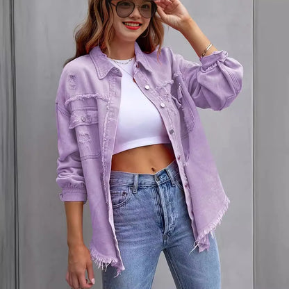 Nova Jaqueta Jeans Feminina de Cor Sólida, Comprimento Médio, com Detalhes Rasgados e Manga Longa