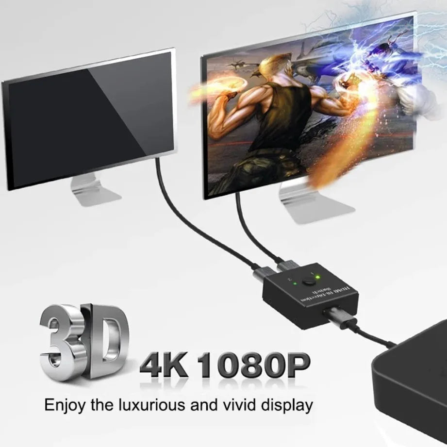 Novo Switcher HDMI 4K 3D Compatível, Adaptador Divisor Bidirecional 1x2 / 2x1 para Laptops, PC, TV, Monitor e Projetor