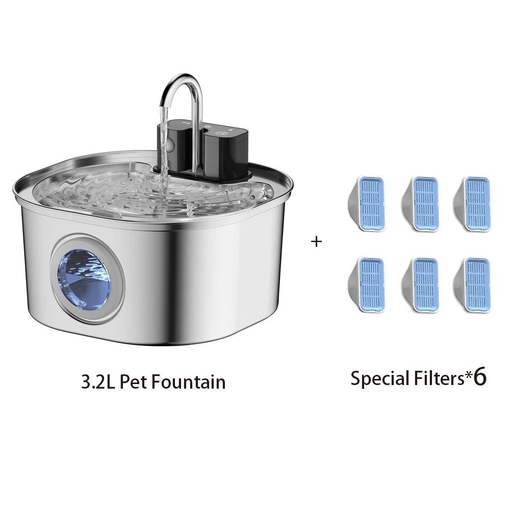 Bebedouro Automático Sem Fio de Aço Inoxidável 3.2L para Pets, Fonte de Água Inteligente para Gatos e Cães com Janela Visual