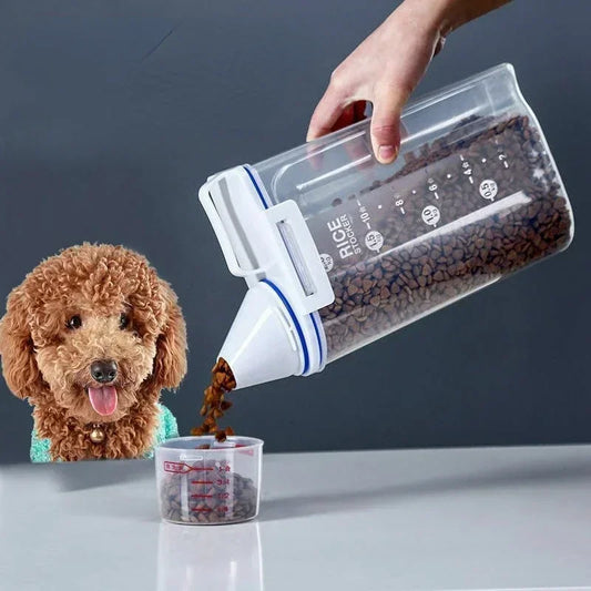 Balde de plástico para armazenamento de comida para cães e gatos, 1.5kg/2kg, com copo medidor, recipiente à prova de umidade, jarra selada, acessórios para animais de estimação