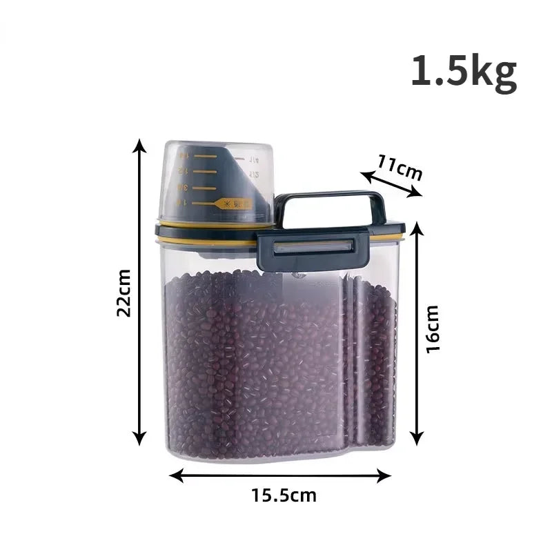 Balde de plástico para armazenamento de comida para cães e gatos, 1.5kg/2kg, com copo medidor, recipiente à prova de umidade, jarra selada, acessórios para animais de estimação