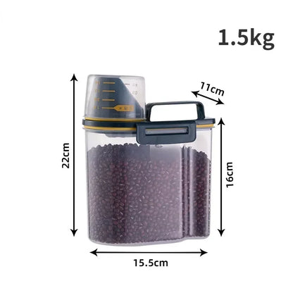 Balde de plástico para armazenamento de comida para cães e gatos, 1.5kg/2kg, com copo medidor, recipiente à prova de umidade, jarra selada, acessórios para animais de estimação