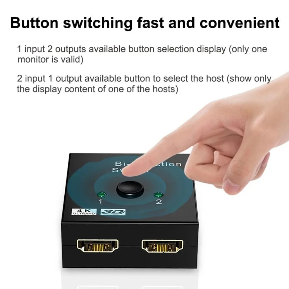 Novo Switcher HDMI 4K 3D Compatível, Adaptador Divisor Bidirecional 1x2 / 2x1 para Laptops, PC, TV, Monitor e Projetor