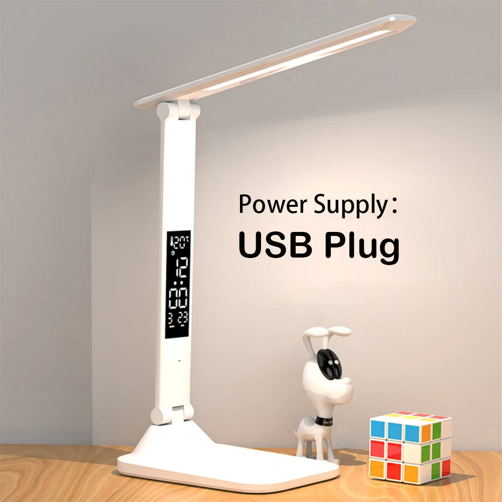 Lâmpada de mesa dobrável usb leitura toque regulável proteção para os olhos com despertador termômetro led lâmpada de mesa carga usb luz noturna