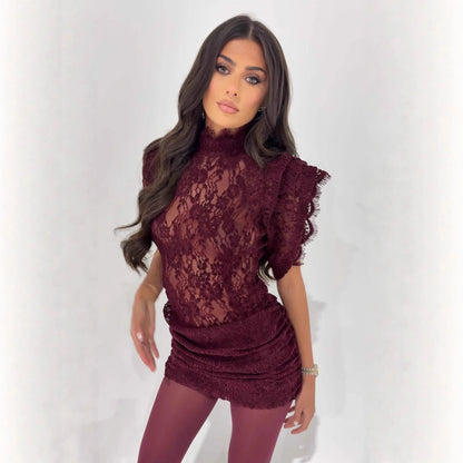Elegante vestido de renda moda retro meia gola alta sem mangas fino envoltório quadris mini vestido feminino sexy vestido de festa roupas femininas