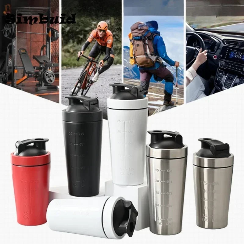 Garrafa agitadora de proteína em pó de aço inoxidável com bola de aço e escala à prova de vazamento ginásio fitness esporte trigo shakes copo