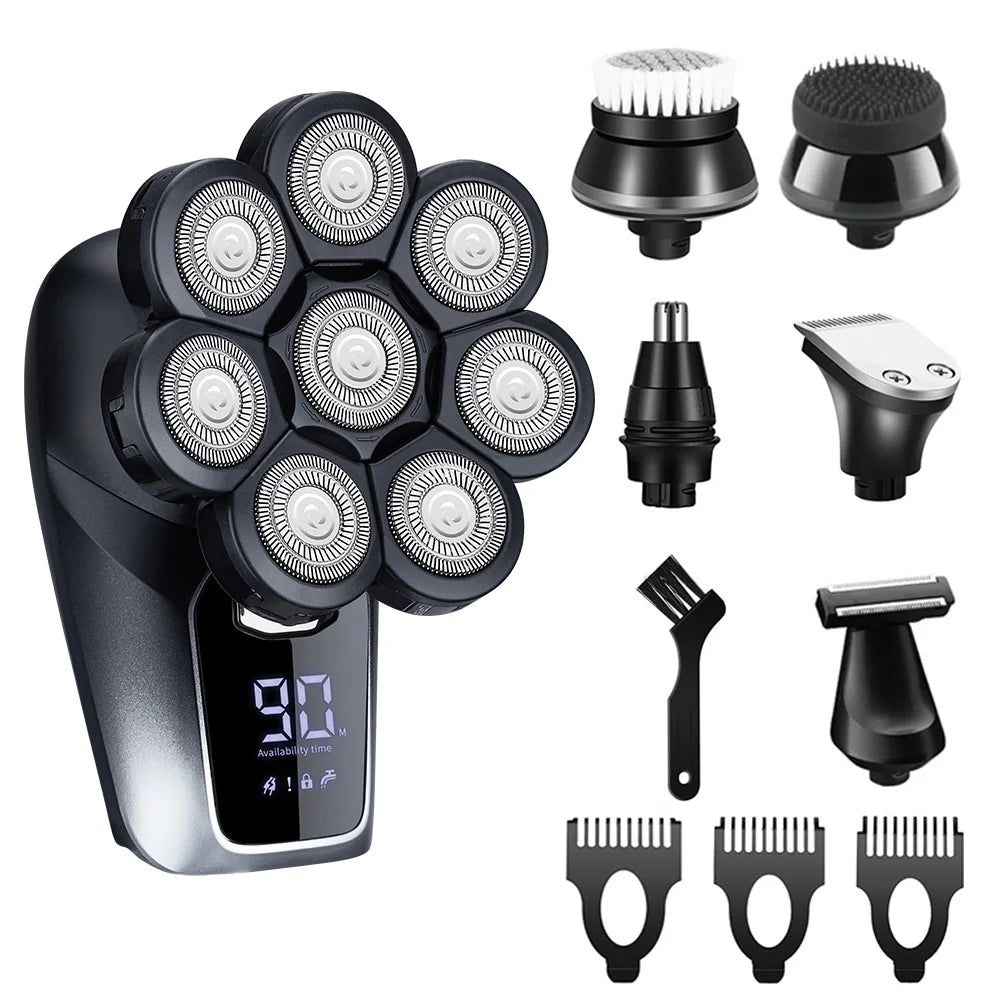 Aparador de Cabelo Elétrico 6 em 1 para Homens Calvos, 7 Lâminas Flutuantes, Recarregável via USB, Display LED, à Prova d'Água