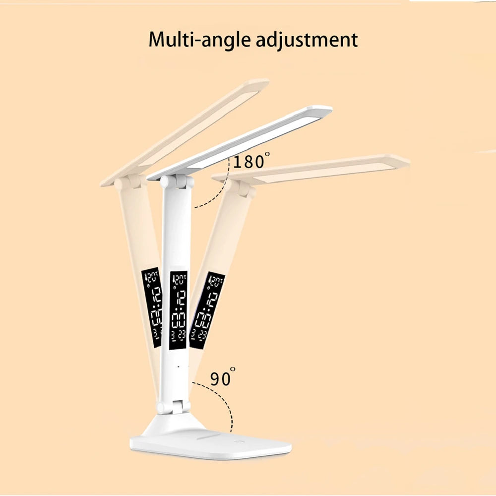 Lâmpada de mesa dobrável usb leitura toque regulável proteção para os olhos com despertador termômetro led lâmpada de mesa carga usb luz noturna