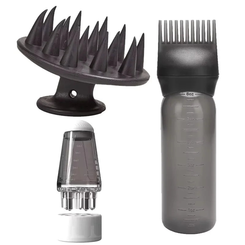 Conjunto de 3 Peças para Aplicação de Óleo Capilar: Frasco de Sérum para Crescimento de Cabelo, Escova de Shampoo e Pente Massageador de Couro Cabeludo – Ferramentas para Cuidado Capilar