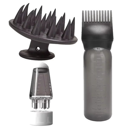 Conjunto de 3 Peças para Aplicação de Óleo Capilar: Frasco de Sérum para Crescimento de Cabelo, Escova de Shampoo e Pente Massageador de Couro Cabeludo – Ferramentas para Cuidado Capilar