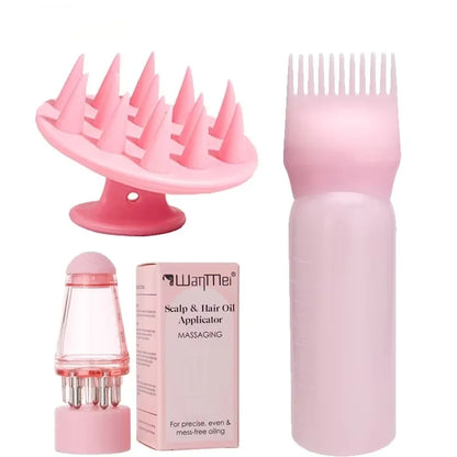 Conjunto de 3 Peças para Aplicação de Óleo Capilar: Frasco de Sérum para Crescimento de Cabelo, Escova de Shampoo e Pente Massageador de Couro Cabeludo – Ferramentas para Cuidado Capilar