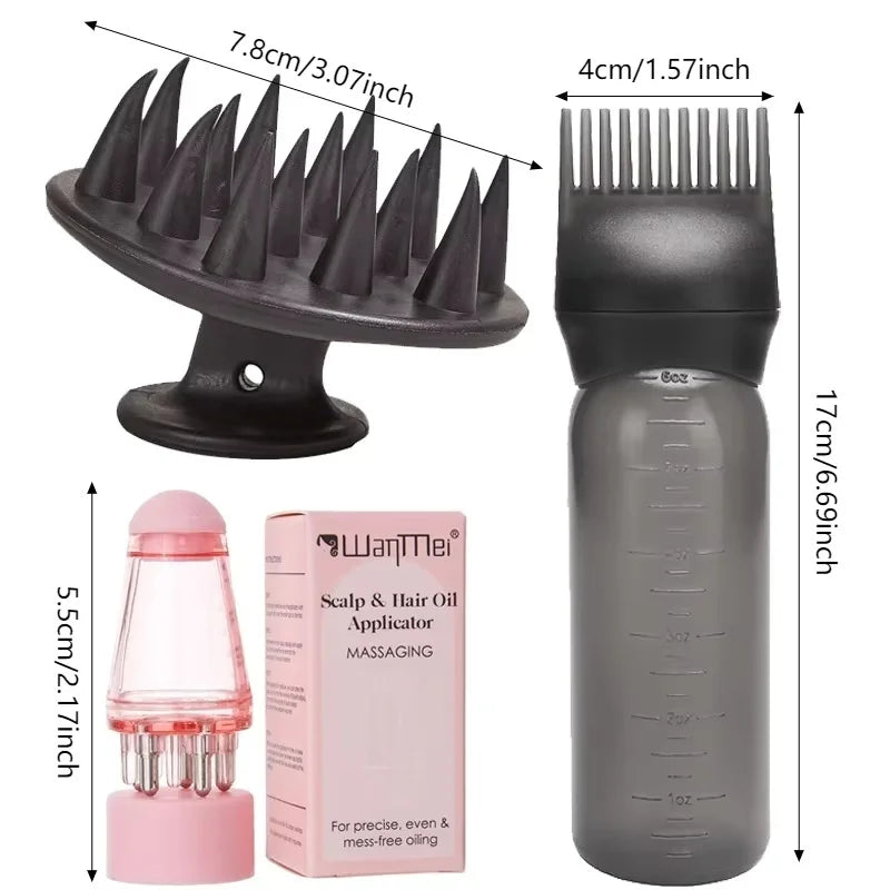 Conjunto de 3 Peças para Aplicação de Óleo Capilar: Frasco de Sérum para Crescimento de Cabelo, Escova de Shampoo e Pente Massageador de Couro Cabeludo – Ferramentas para Cuidado Capilar