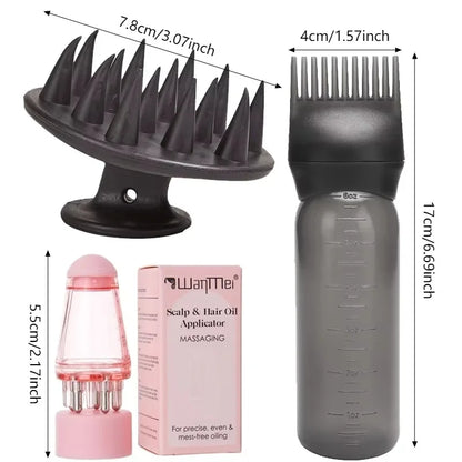 Conjunto de 3 Peças para Aplicação de Óleo Capilar: Frasco de Sérum para Crescimento de Cabelo, Escova de Shampoo e Pente Massageador de Couro Cabeludo – Ferramentas para Cuidado Capilar