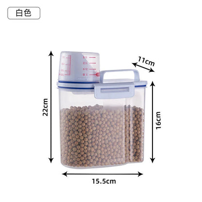 Balde de plástico para armazenamento de comida para cães e gatos, 1.5kg/2kg, com copo medidor, recipiente à prova de umidade, jarra selada, acessórios para animais de estimação