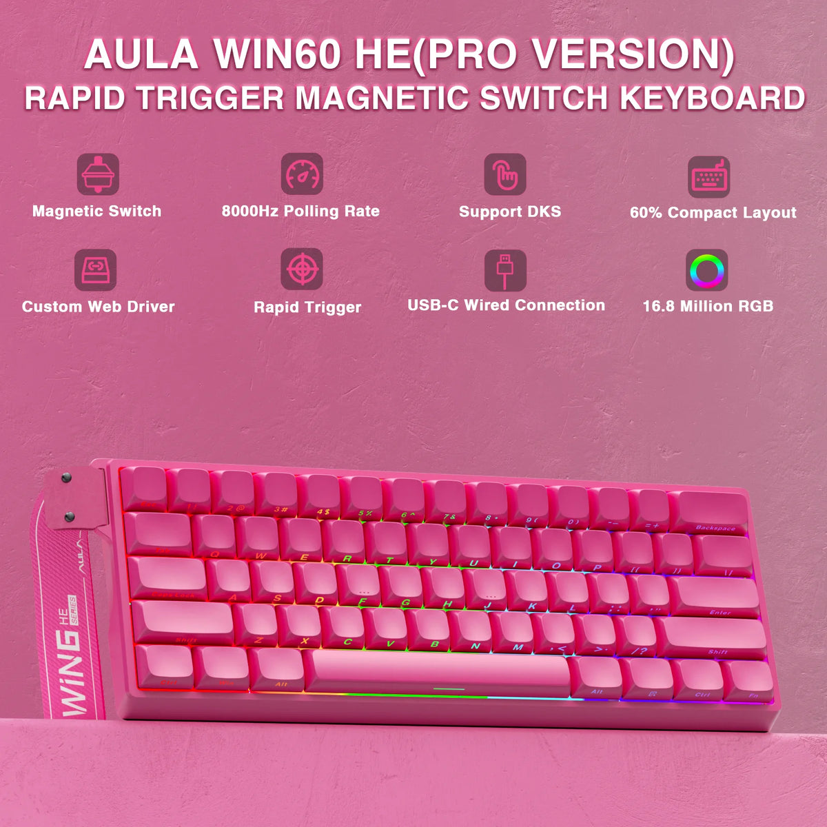 Teclado Mecânico Gamer AULA WIN60 HE Pro MAX com Fio, Switches Magnéticos Hall Effect, RT Ajustável, Hot-Swap, 8000Hz para Esports