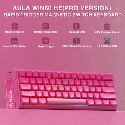 Teclado Mecânico Gamer AULA WIN60 HE Pro MAX com Fio, Switches Magnéticos Hall Effect, RT Ajustável, Hot-Swap, 8000Hz para Esports