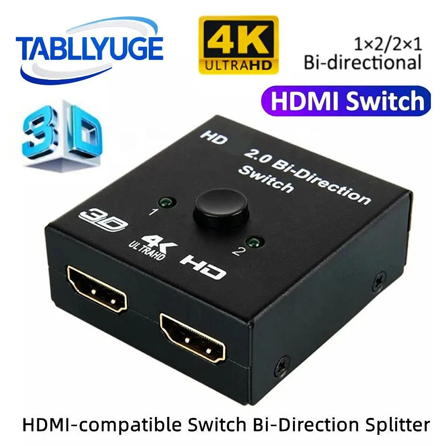 Novo Switcher HDMI 4K 3D Compatível, Adaptador Divisor Bidirecional 1x2 / 2x1 para Laptops, PC, TV, Monitor e Projetor