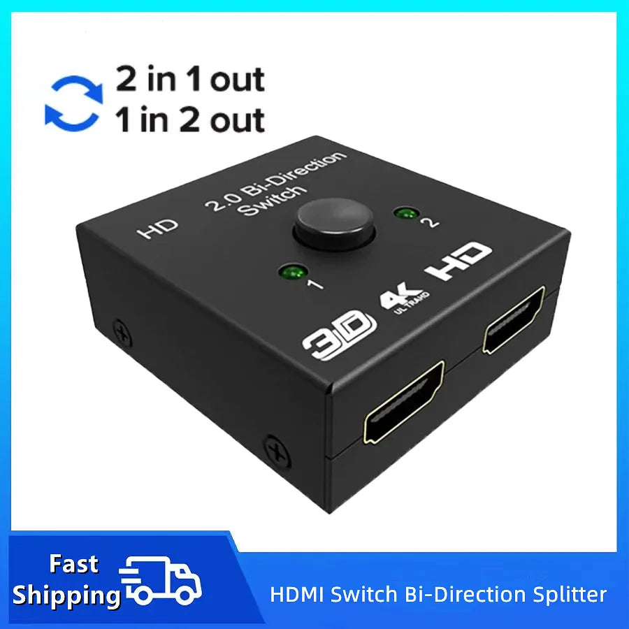 Novo Switcher HDMI 4K 3D Compatível, Adaptador Divisor Bidirecional 1x2 / 2x1 para Laptops, PC, TV, Monitor e Projetor