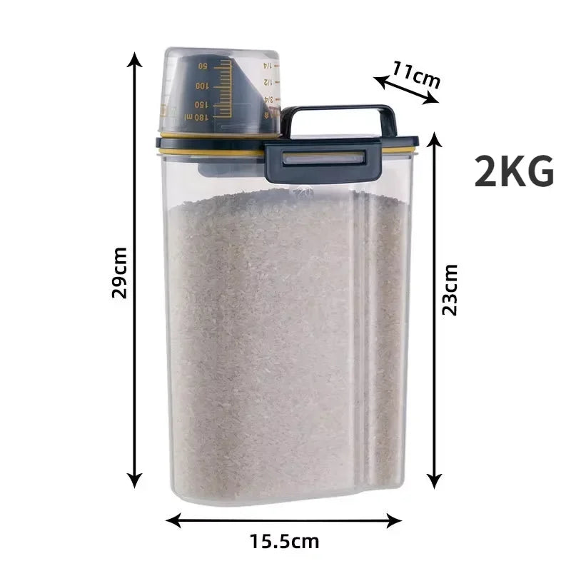 Balde de plástico para armazenamento de comida para cães e gatos, 1.5kg/2kg, com copo medidor, recipiente à prova de umidade, jarra selada, acessórios para animais de estimação