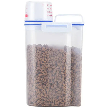 Balde de plástico para armazenamento de comida para cães e gatos, 1.5kg/2kg, com copo medidor, recipiente à prova de umidade, jarra selada, acessórios para animais de estimação
