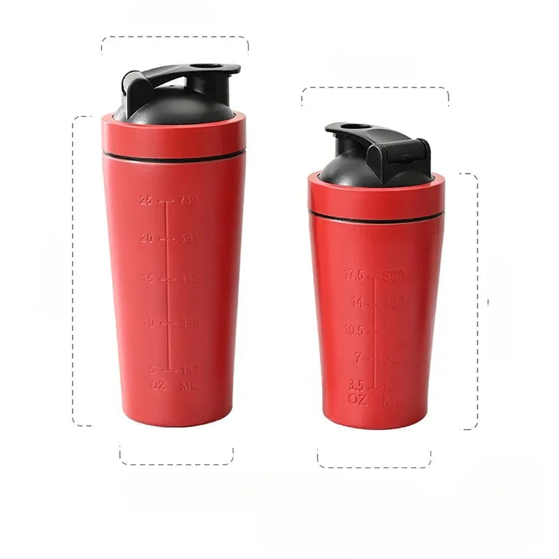 Garrafa agitadora de proteína em pó de aço inoxidável com bola de aço e escala à prova de vazamento ginásio fitness esporte trigo shakes copo