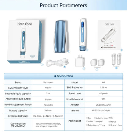 Caneta Derma Pen Original Profissional Hello Face H5 2 em 1 EMS com microagulhamento automático e comprimento de agulha de 0,25 mm