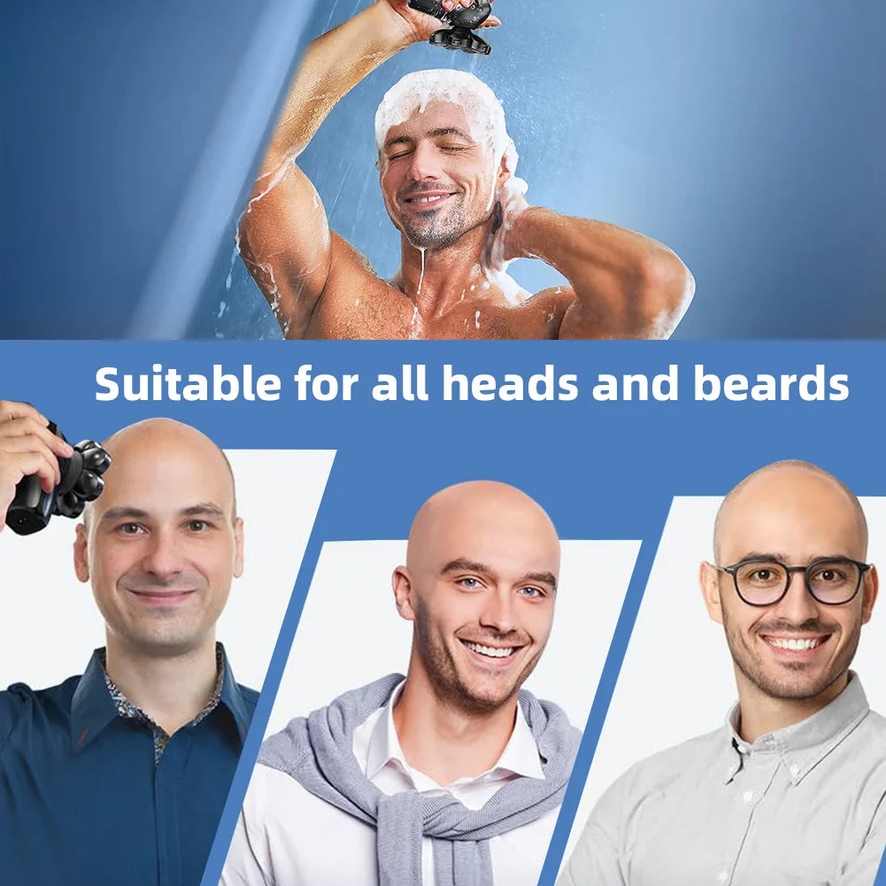 Aparador de Cabelo Elétrico 6 em 1 para Homens Calvos, 7 Lâminas Flutuantes, Recarregável via USB, Display LED, à Prova d'Água