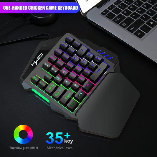 One-handed ergonomic gaming keyboard, 35-key compact design, RGB lighting, USB-powered, membrane keys for enhanced gaming