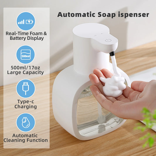 New wall-mounted automatic soap dispenser, smart foam hand washing machine, 500ml rechargeable liquid, bathroom induction sensor