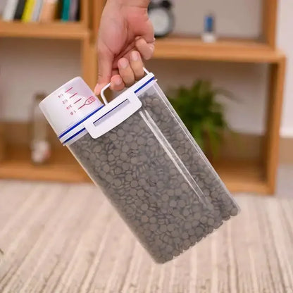 Balde de plástico para armazenamento de comida para cães e gatos, 1.5kg/2kg, com copo medidor, recipiente à prova de umidade, jarra selada, acessórios para animais de estimação