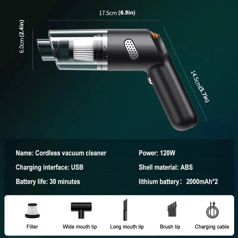 Mini aspirador de pó sem fio, Handheld Robot Dust Blower para carro, casa, cabelo de estimação, 15000PA High Power, 120W