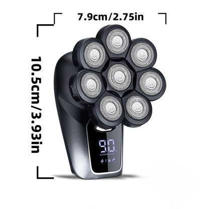 Aparador de Cabelo Elétrico 6 em 1 para Homens Calvos, 7 Lâminas Flutuantes, Recarregável via USB, Display LED, à Prova d'Água