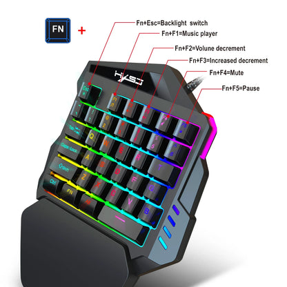 Teclado ergonômico para jogos com uma mão, design compacto de 35 teclas, iluminação RGB, alimentado por USB, teclas de filme fino para jogos aprimorados