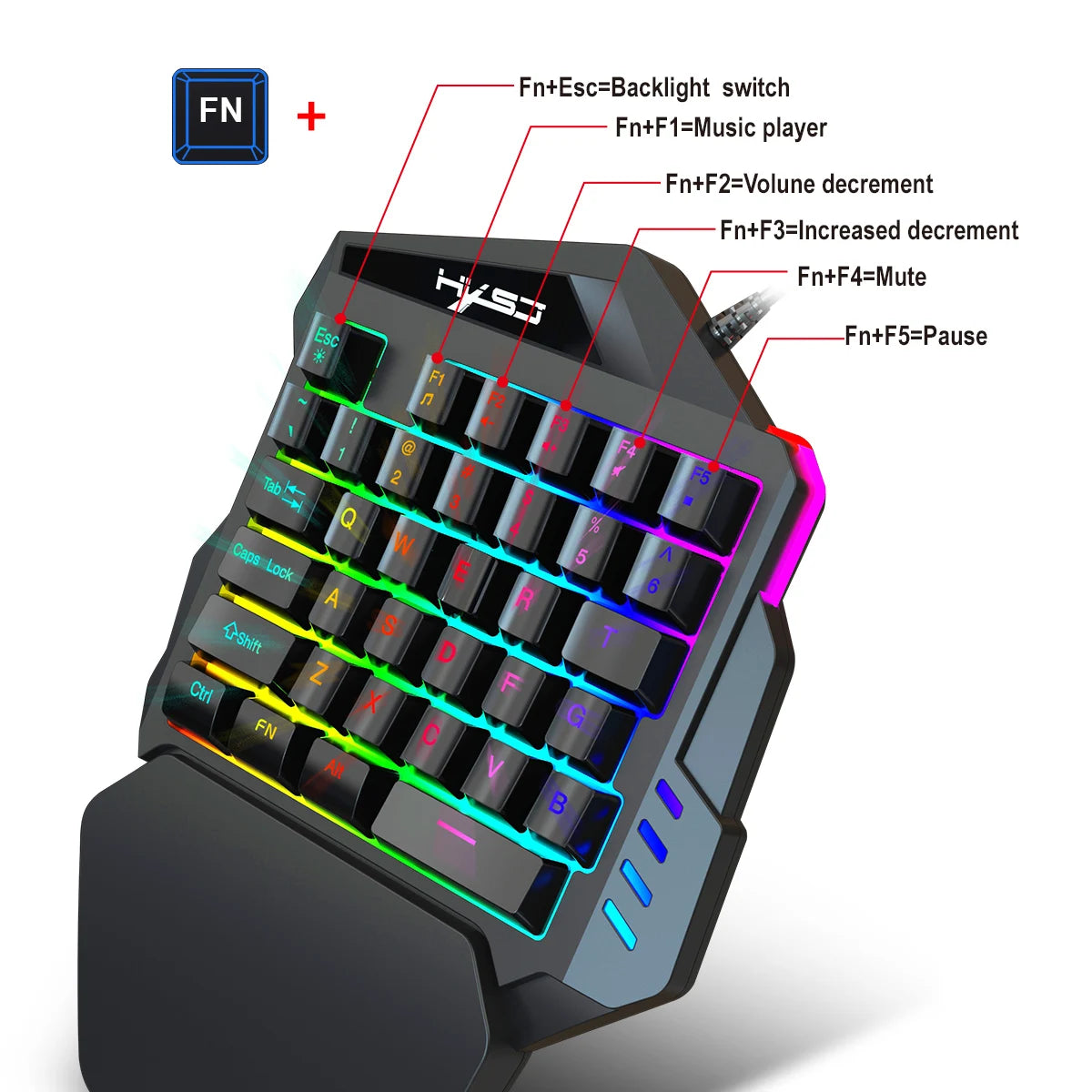 Teclado ergonômico para jogos com uma mão, design compacto de 35 teclas, iluminação RGB, alimentado por USB, teclas de filme fino para jogos aprimorados
