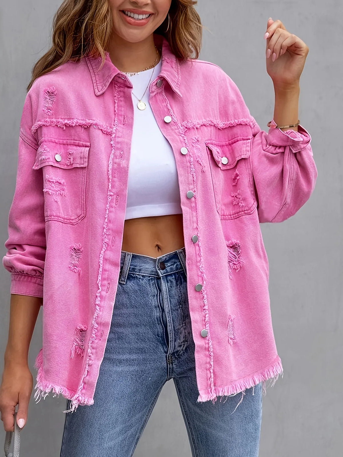 Nova Jaqueta Jeans Feminina de Cor Sólida, Comprimento Médio, com Detalhes Rasgados e Manga Longa