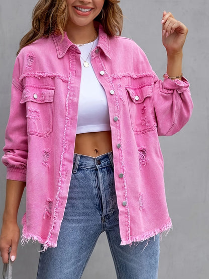 Nova Jaqueta Jeans Feminina de Cor Sólida, Comprimento Médio, com Detalhes Rasgados e Manga Longa